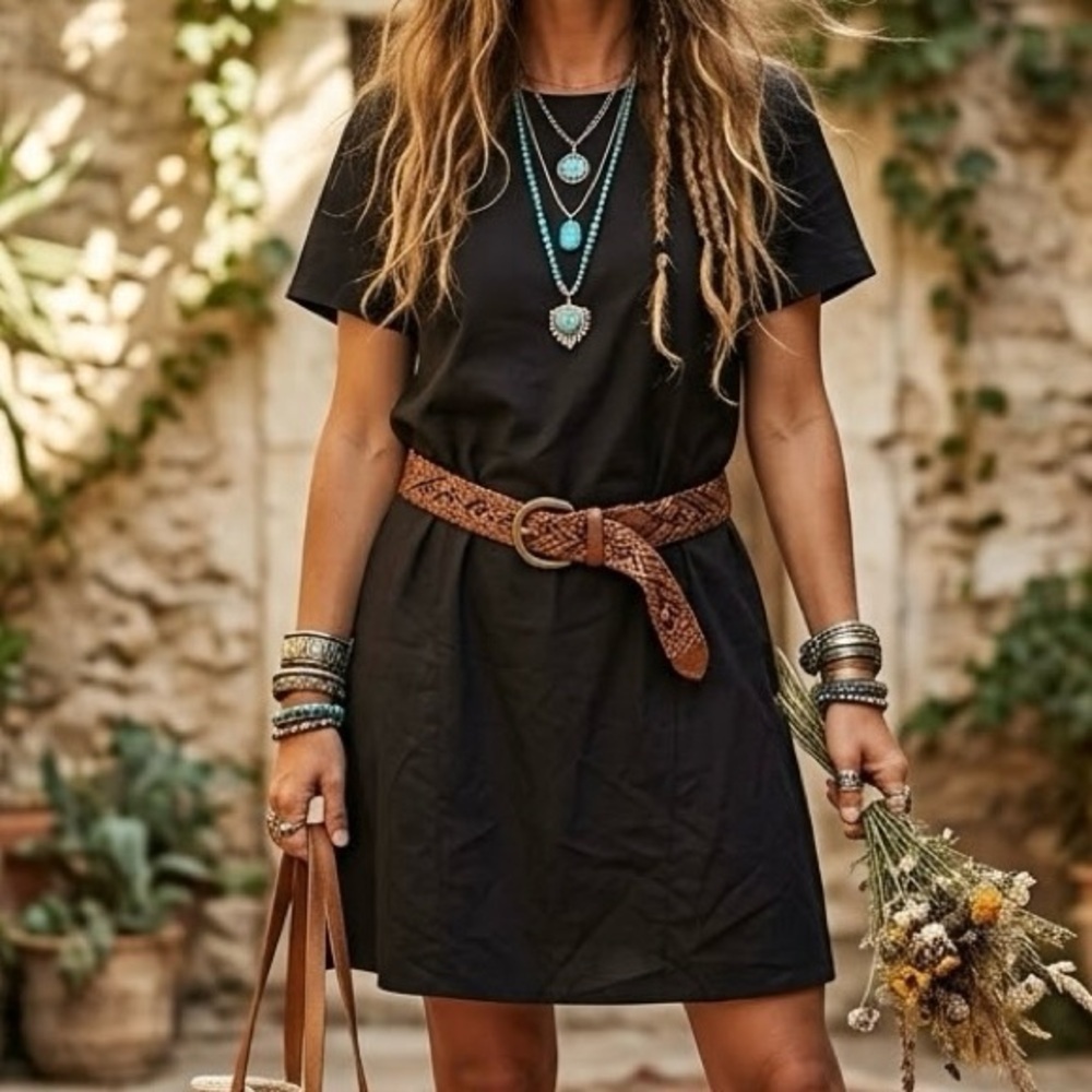 Brende Black Cotton Short Sleeve Princess Seam Shift Dress Portugal Minimalist